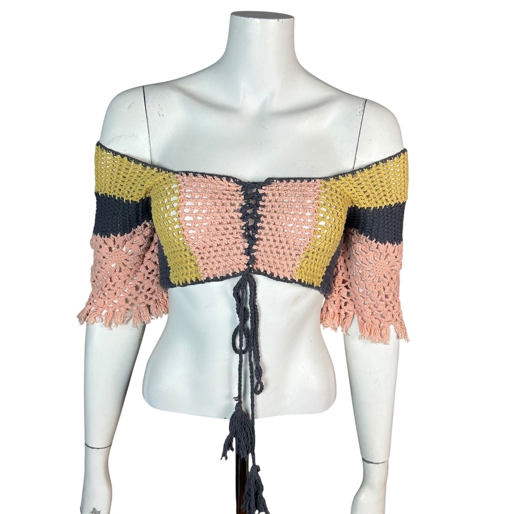 Crochet cropped Corset top Women's Medium Cottagecore‎ Octoberfest Farrow Boho